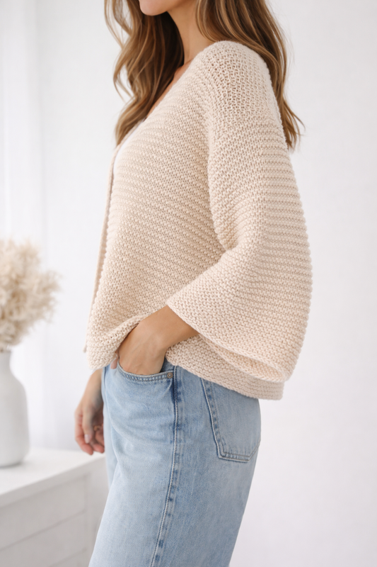 Easy Everyday Cardigan knitting pattern featuring a relaxed fit, dropped shoulders and timeless minimalist design.