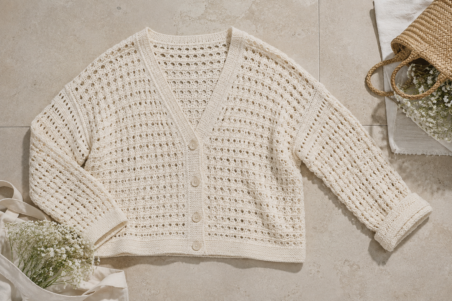 Create a timeless mesh cardigan inspired by the African safari. A lightweight knitting pattern with a relaxed boxy fit, airy texture and effortless style for spring, summer and early autumn. Instant PDF download from Loop Craft Club.
