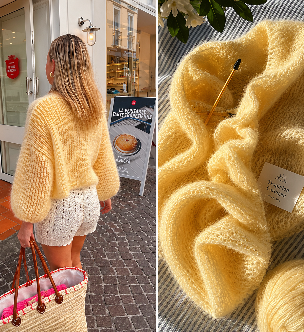 Inspired by sunny mornings, fresh croissants and the French Riviera. The Tropézien Cardigan is a lightweight mohair cardigan featuring balloon sleeves, a flattering V-neck and timeless French style. Includes a detailed knitting pattern.