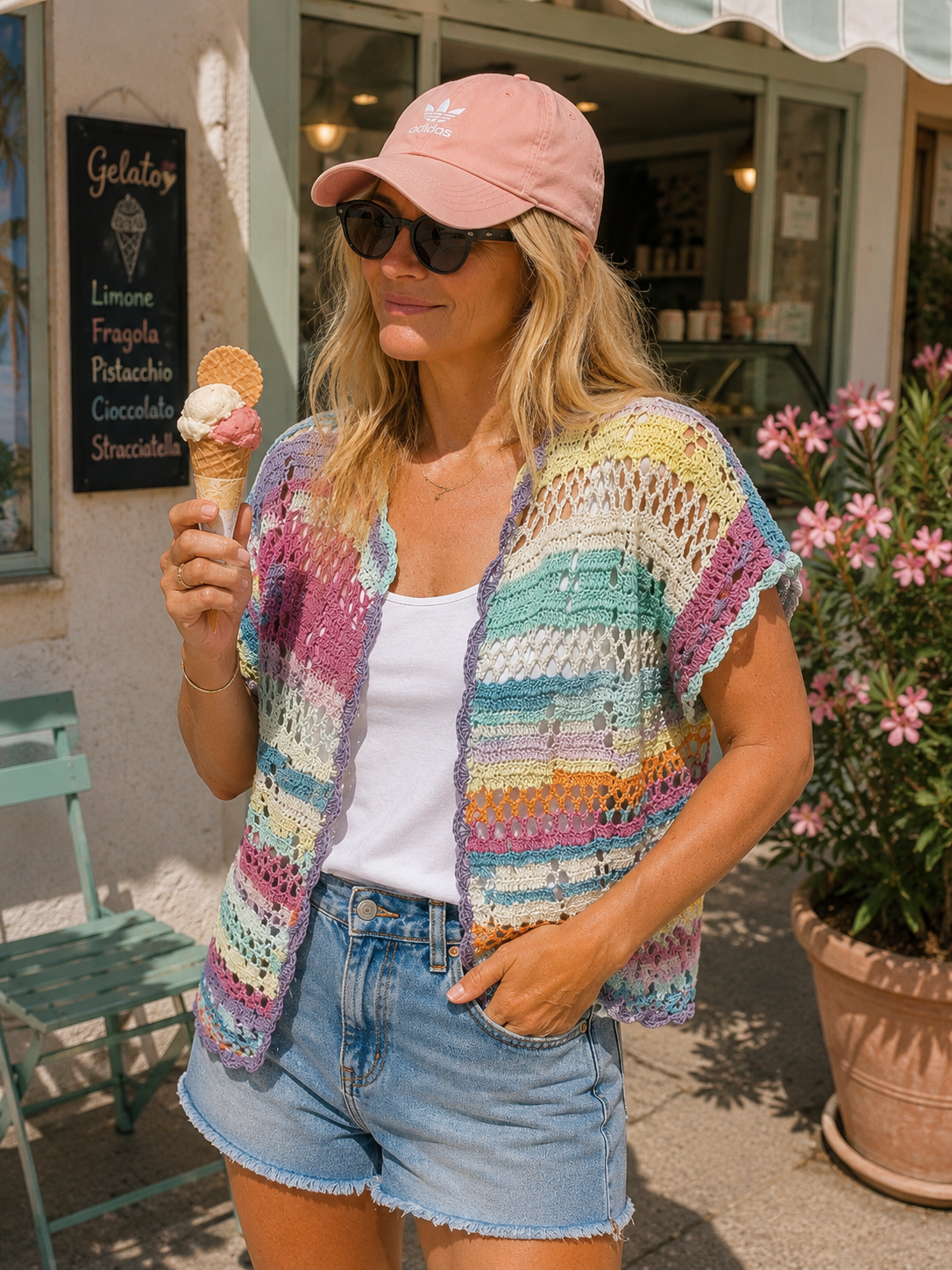 Boho inspired crochet cardigan pattern with relaxed fit, pastel rainbow colors and lightweight summer design.