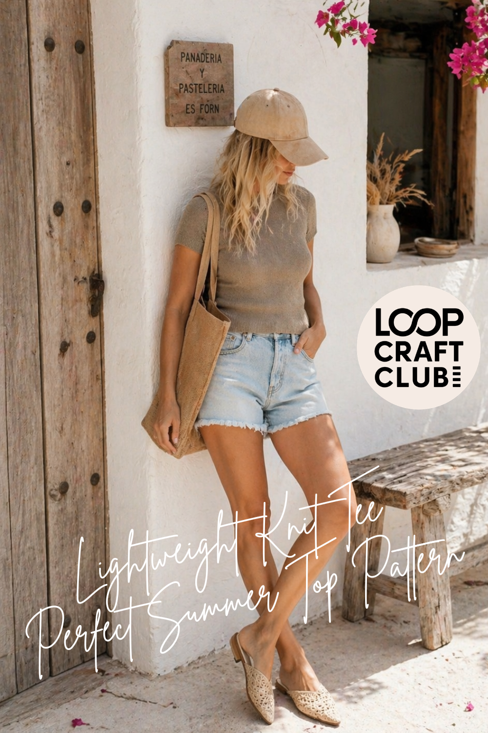 
Flat lay of a hand knitted beige summer tee paired with blue jeans, white sneakers, sunglasses and a woven basket bag for an effortless coastal-inspired look.