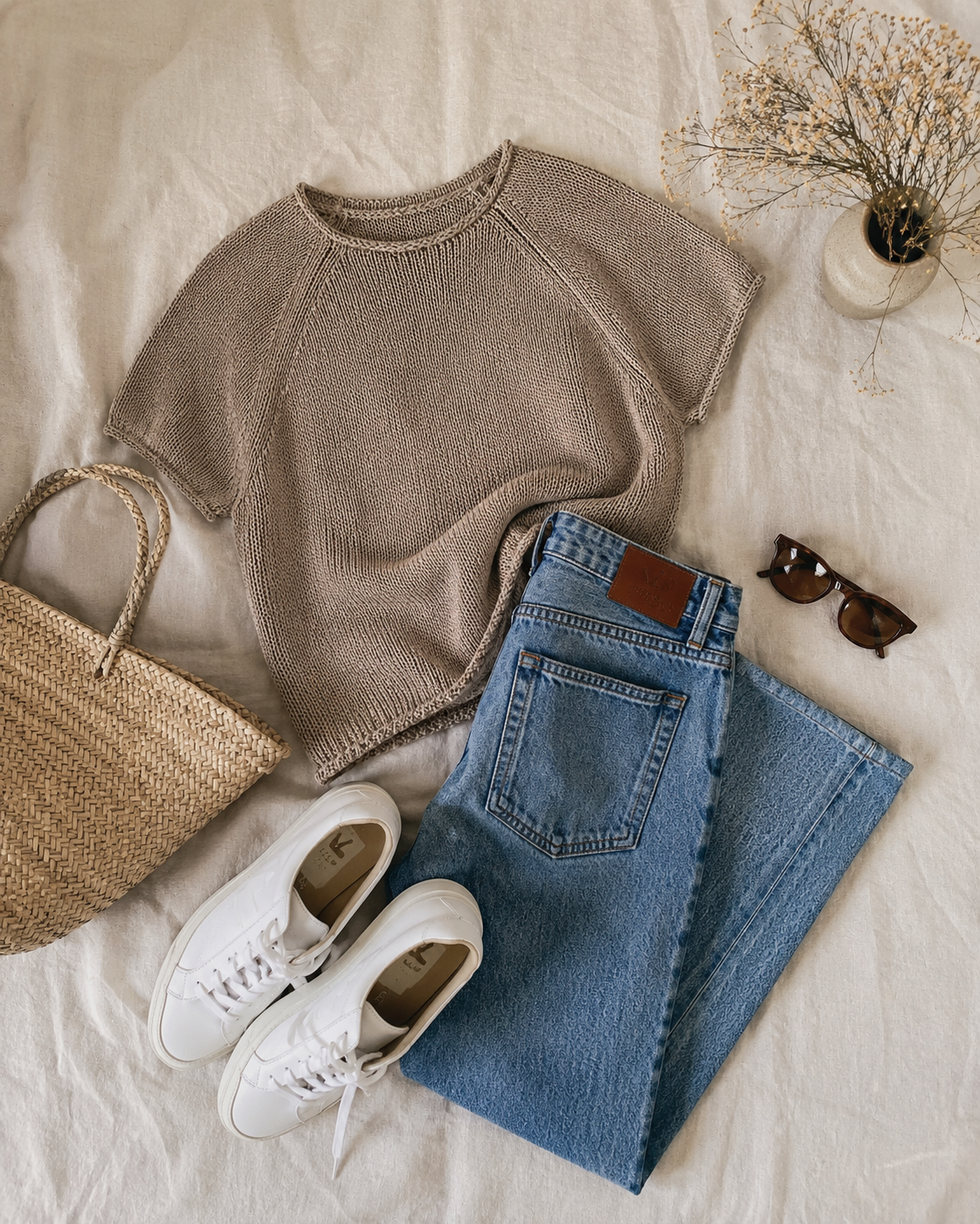
Flat lay featuring a hand knitted beige summer tee styled with blue jeans, white sneakers, a woven basket bag and sunglasses for a modern coastal-inspired outfit.