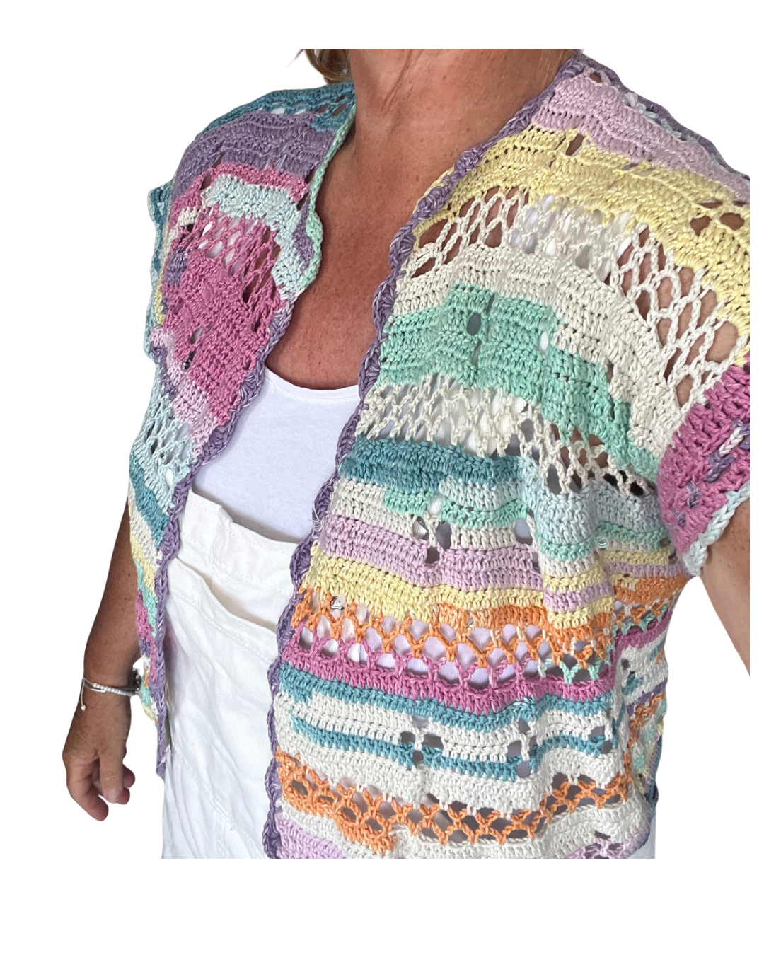 Colorful crochet summer vest pattern designed for layering over tanks, dresses and beachwear.