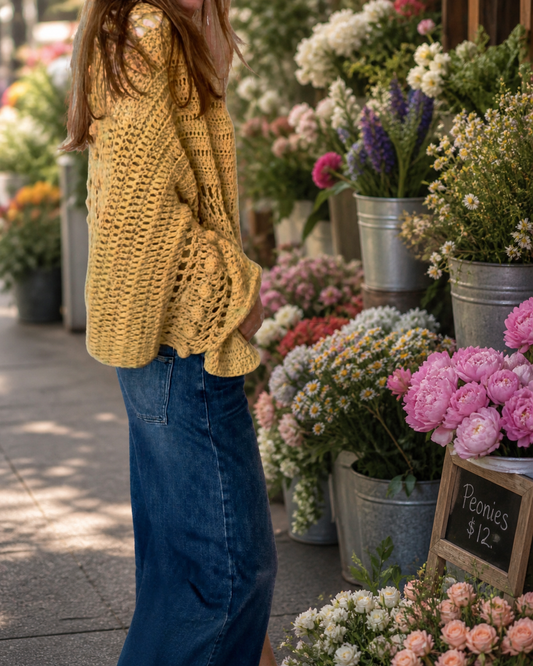 Golden Hour Wrap crochet pattern with video tutorial, lightweight shawl inspired by warm summer sunsets.