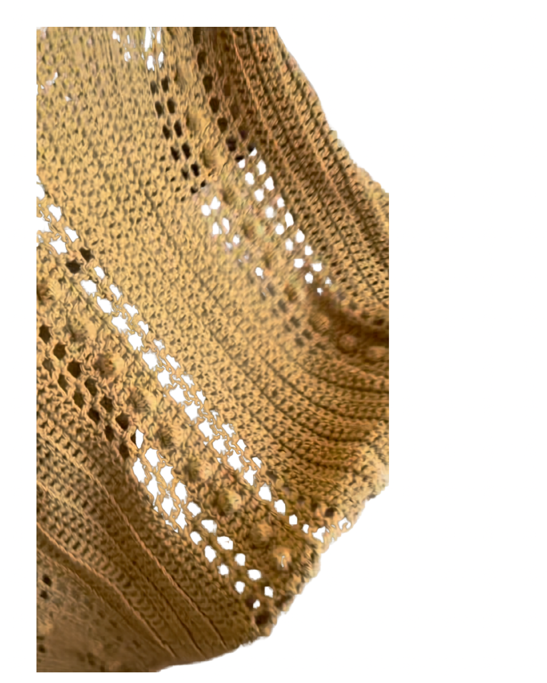 Close up of the Golden Hour Wrap showing airy crochet stitches and lightweight drape.