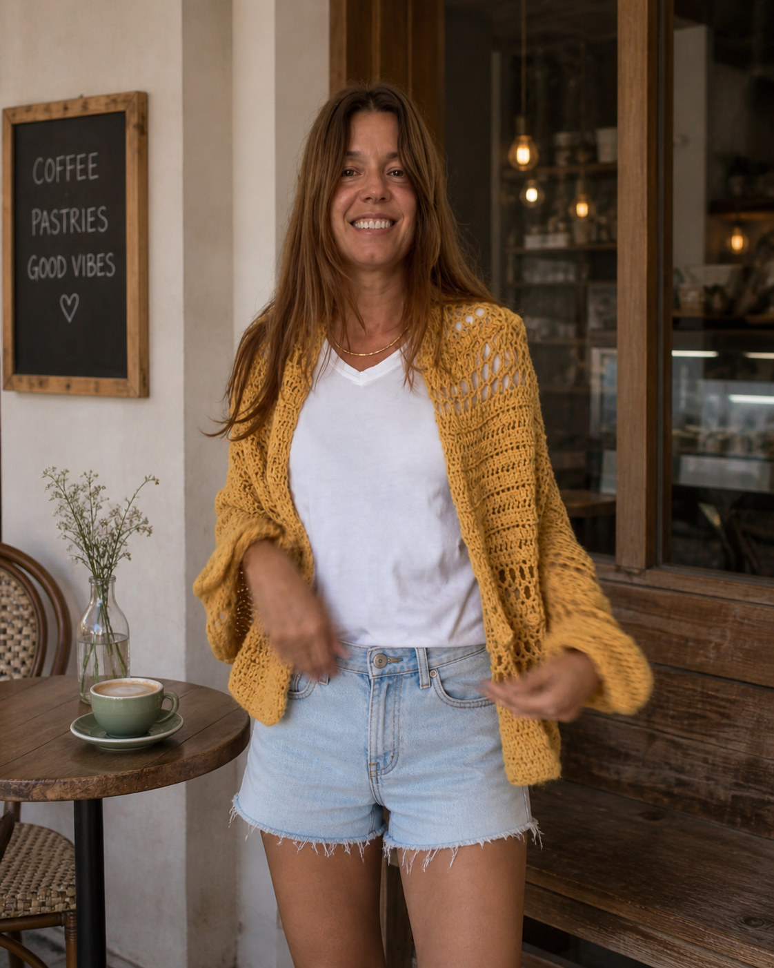 Golden Hour Wrap crochet shawl styled outdoors during sunset with a relaxed coastal lifestyle aesthetic.