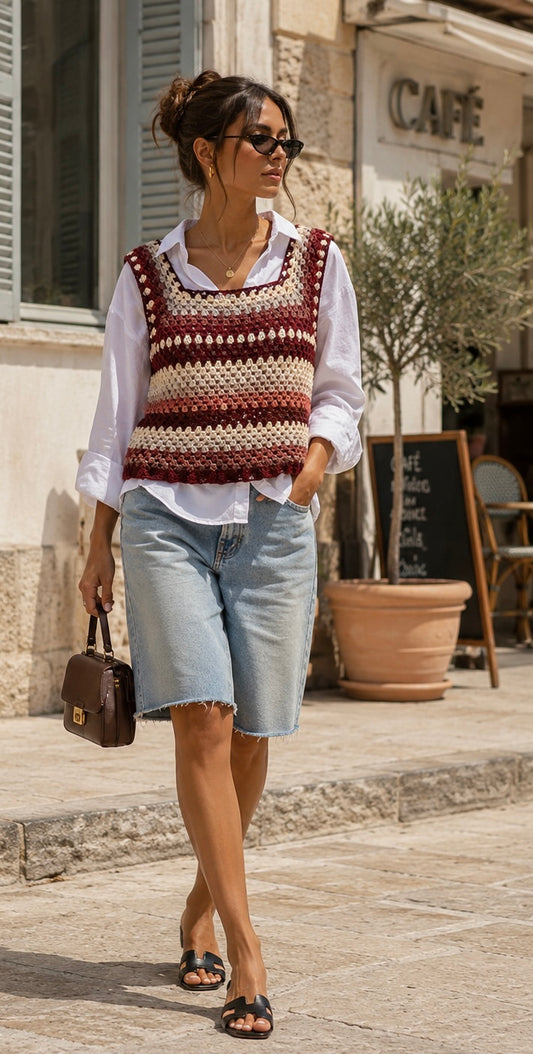Woman wearing a handmade granny crochet vest over a white shirt with denim shorts, styled as a modern boho summer outfit.