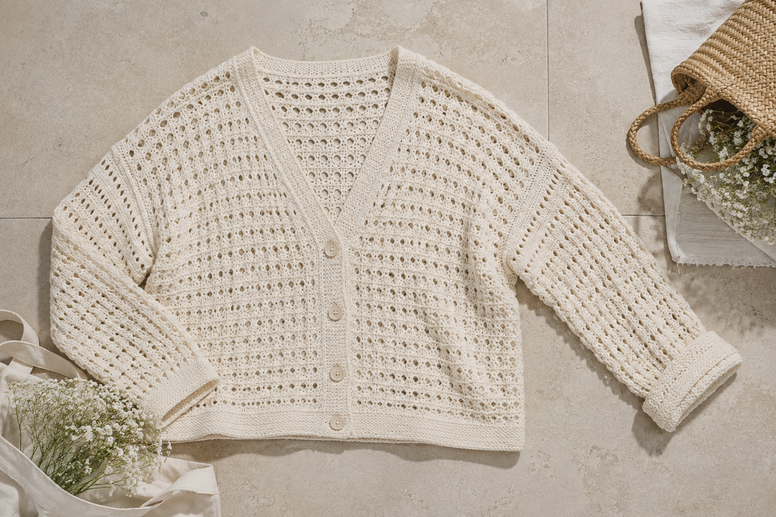 Create a timeless mesh cardigan inspired by the African safari. A lightweight knitting pattern with a relaxed boxy fit, airy texture and effortless style for spring, summer and early autumn. Instant PDF download from Loop Craft Club.