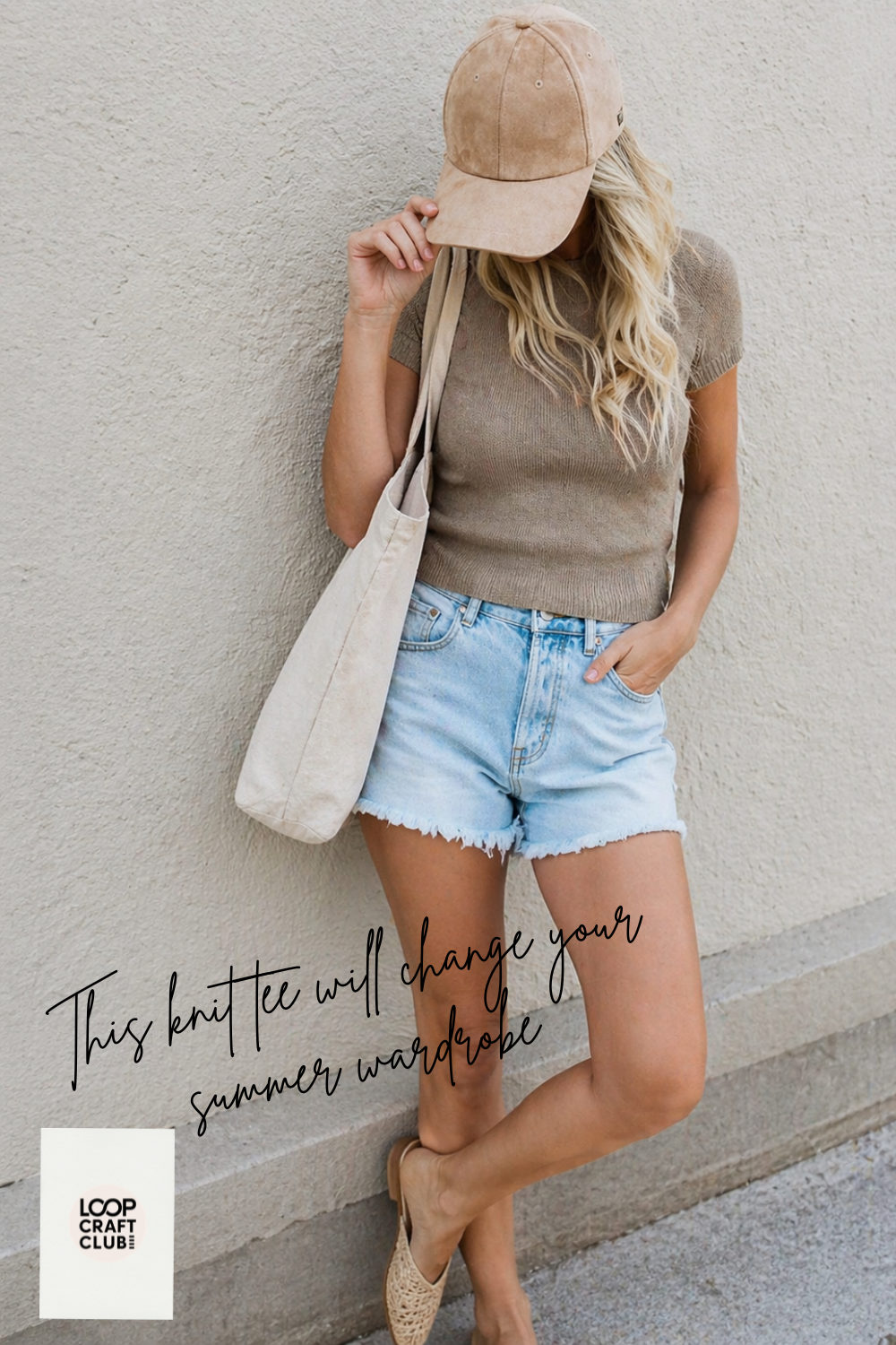 Hand knitted summer tee styled with denim jeans, white sneakers and a straw tote bag, showcasing a timeless casual outfit idea.