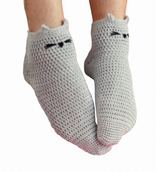 Handmade crochet socks in gray with cat detail soft and cozy beginner crochet project